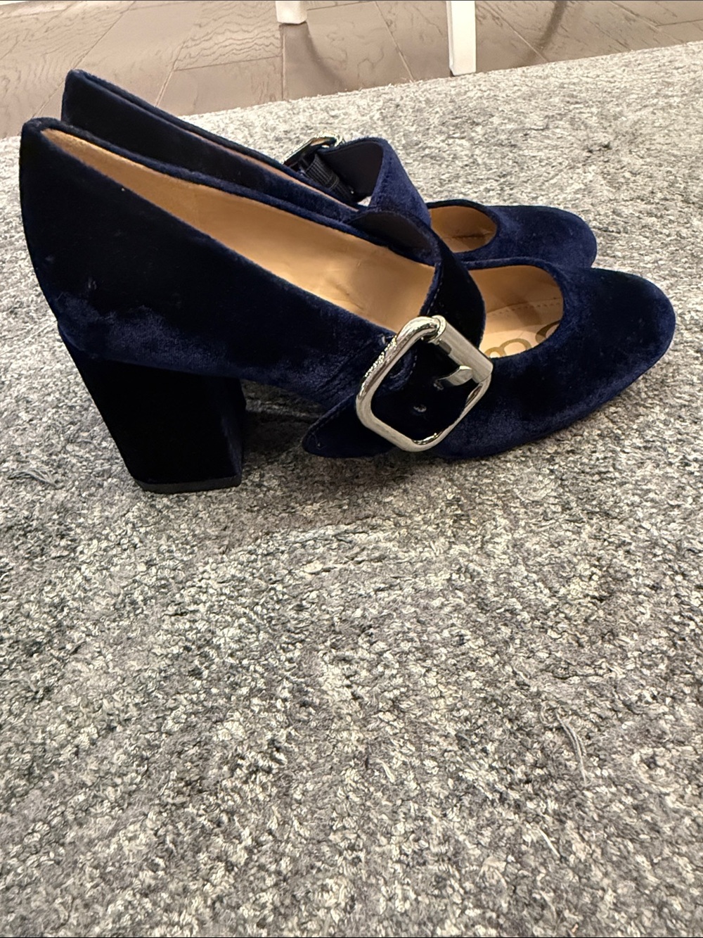 Sam Edelman Chessie Navy Blue Velvet Mary Jane Block Heels - Size 6M - Picture 4 of 9